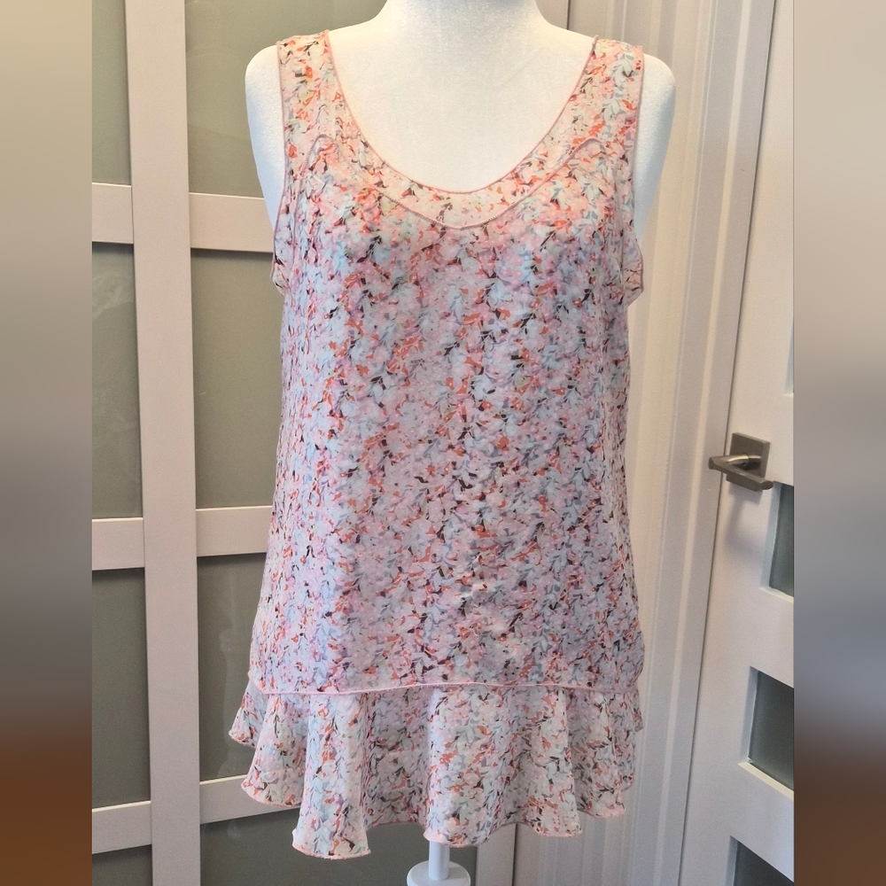 CAbi Pink Floral Print Top with Orange and Lavender Accents
